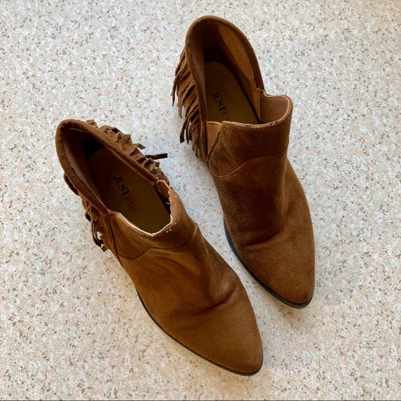 JustFab Brown Suede Fringe Trim Boho Ankle Booties - Picture 3 of 7